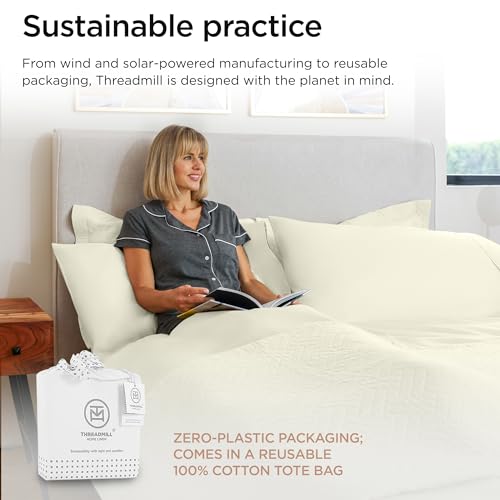 Image of Threadmill 100% Cotton Sheets for Full Size Bed - 600 Thread Count Full Bed Sheets Set with 16 inch Deep Pocket - Sateen Weave 4-Piece Bedding Set with Cooling Effect, Ivory