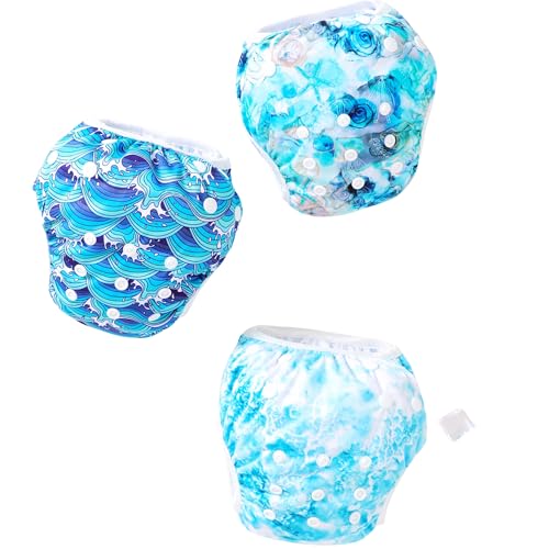 Asenappy Reusable Swim Diapers for Baby, 3-Pack, Pink Hearts and Animal Prints (3-SW-Wave)