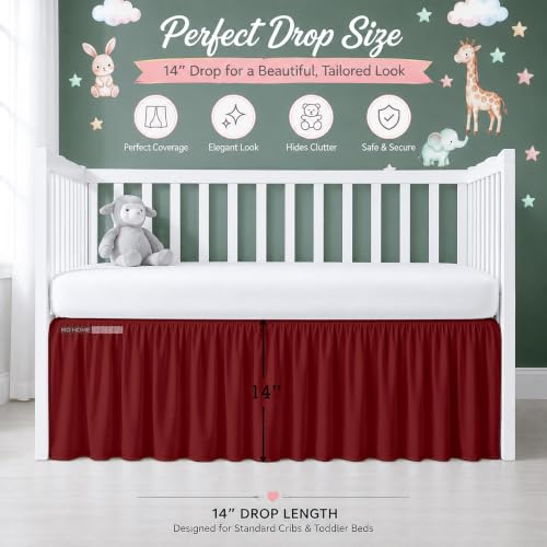 Image of Cotton Crib Bed Skirt Dust Ruffle with Split Corners, 14 inch Drop, Burgundy | Nursery Standard Crib Bedding Bed Skirt for Baby Boys and Baby Girls. Hides Under-Crib Storage for a Neat Appearance