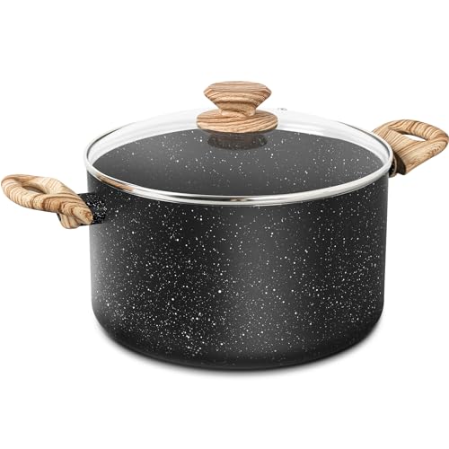 MICHELANGELO Stock Pot with Lid, 24cm/6L Soup Pot Nonstick, Cooking Pot with Lid, Induction Pot for Cooking, Non Stick Pot for Kitchen, Black Granite Pot