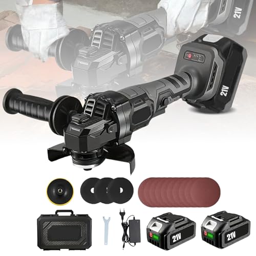 Amoladora angular con batería de 125 mm, 21 V, con 2 baterías, motor sin escobillas, potencia de 1000 W, 3 velocidades, 1300 rpm, para lijar y cortar, ideal para profesionales y aficionados al
