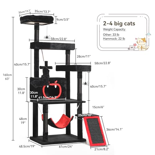 YITAHOME Árbol rascador Gothic XL, Grande, 160 cm de Alto, para Gatos Grandes, Estable con 4 columnas de sisal, 1 Tabla para rascar, 1 Hamaca, 2 Bolas Colgantes de araña, Plataformas de Cama de ataúd - imagen 4