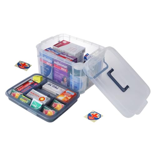 Image of HEY FOLY 15qt Blue Medicine Organizer Storage Box with Tray, Plastic First Aid Box Empty, Thickened Medicine Container Chest, Multipurpose Medical Case with Labels, Blue Medicine Caddy