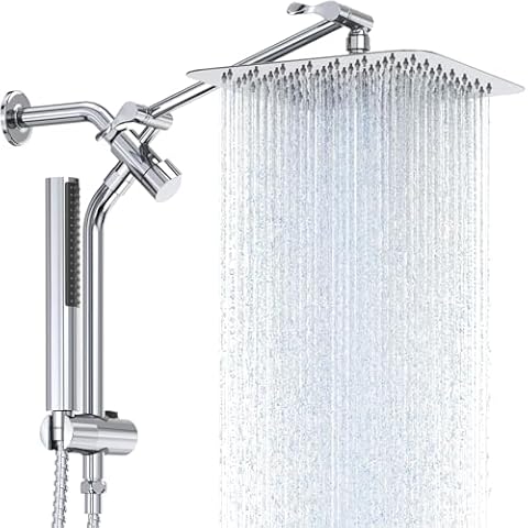 Veken 10'' All Metal Shower Head with Handheld Spray Combo, High Pressure Square Shower Heads with Wand & Extension Arm, Rain Shower Head with Power Wash, Wide Adjustable Rainfall Showerhead Chrome Cover