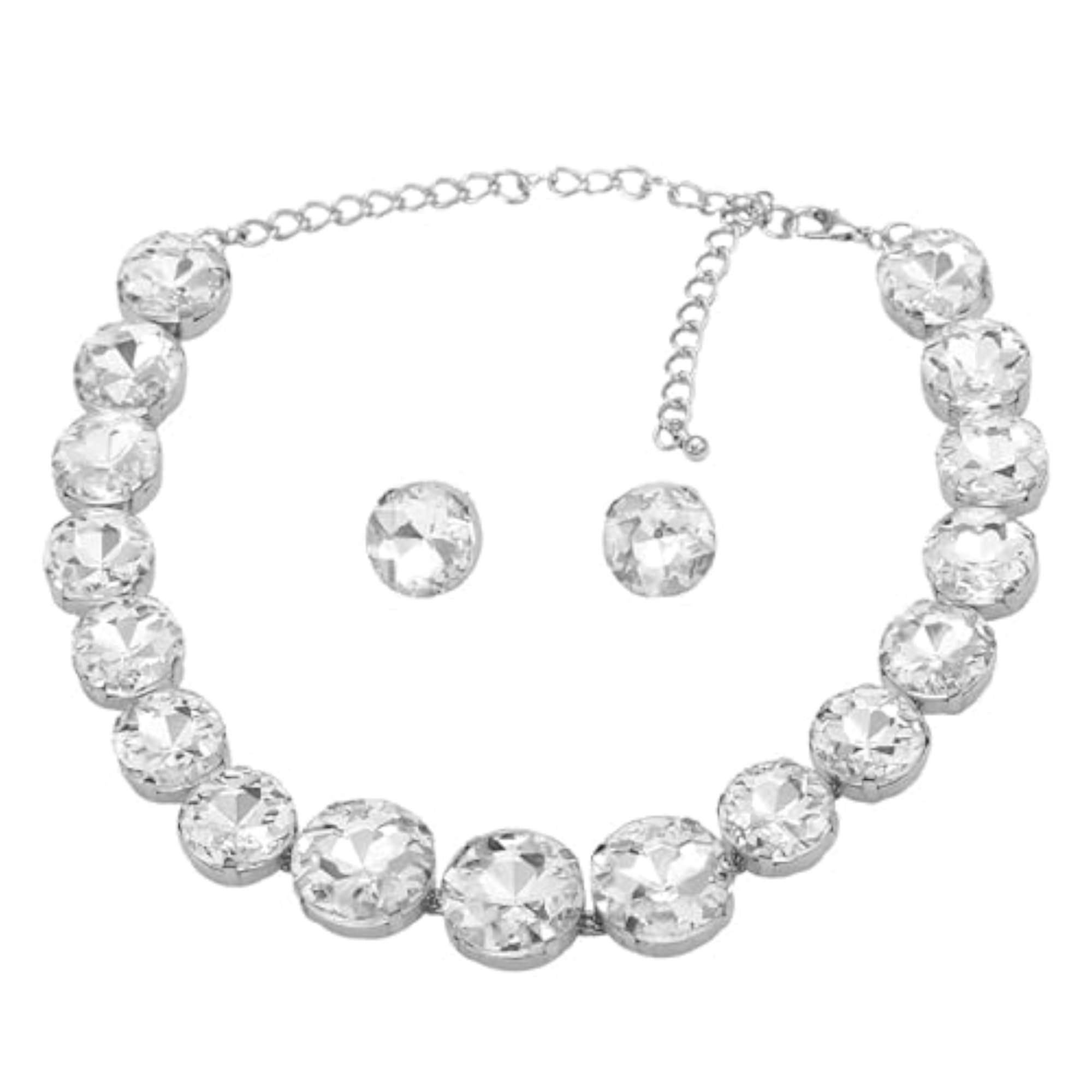 Women's Silver Plated Crystal Studded Round Necklace & Earrings Set