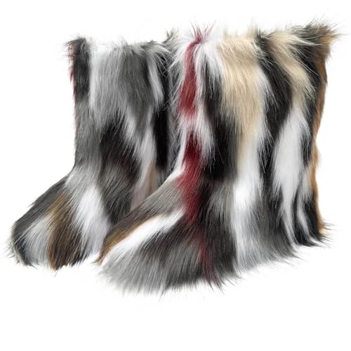 Binmer Furry Faux Fur Boots Women's Winter Shoes Multicolor Fluffy Warm Snow Boots Mid-Calf Comfortable Outdoor Flat Shoes -  winter boots for toddler girlsdeal day prime today, winter boots for toddler girls