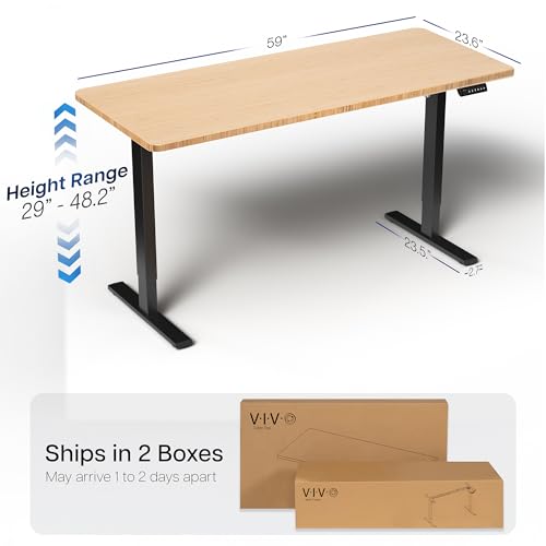 Image of VIVO Real Bamboo 60 x 24 in Standing Desk, DESK-KIT-1B6O | Electric, Holds 220 lbs, Sit Stand, Height Adjustable, Solid One-Piece Table Top, Memory Presets, 1B Series, Black Frame