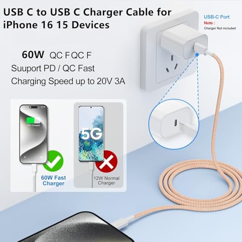 Image of USB C to C Charger Cable 10ft, 60W Type C to C Fast Charging Cable Cord Long for Apple iPhone 17 Pro Max /17 Air /16 Pro Max /16 Pro /15 Plus /15 Pro Max /MacBook 2021 /2020 /2019,iPad Pro /Mini /Samsung Galaxy