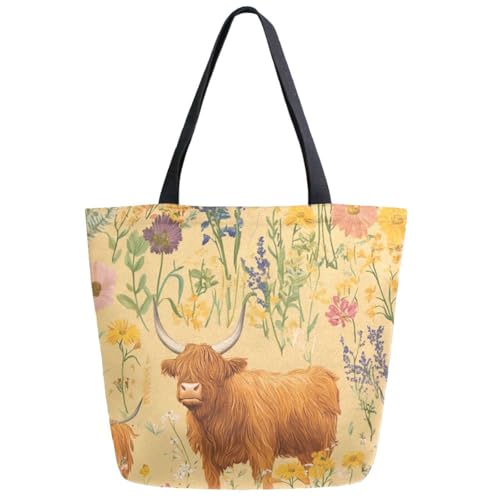 ZzWwR Fashion Extra Large Shoulder Tote Bag, Retro Highland Cattle Flowers Canvas Durable Daily Weekender Handle Bag Ideal for Gym Picnic Yoga Beach Travel Kitchen Market Grocery Shopping
