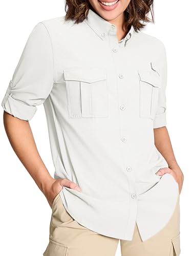 MAGCOMSEN Women's UPF 50+ Long Sleeve Fishing Shirts UV Sun Protection Quick Dry Button Down Safari Hiking Travel Shirts