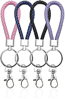 Braided Keychain, Leather Keyrings Strap Cord Keyring, Handmade Car Key Chains Bag Pendant, Weave Faux Leather Key Holder Metal Rope Keyring Key Fob for Men or Women, Black, Blue, Purple, Pink