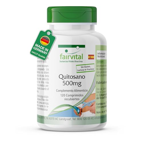 fairvital Quitosano 500mg, 120 comprimidos, 3000mg por dosis diaria, ALTA DOSIS, fácil de tragar, fibra dietética natural