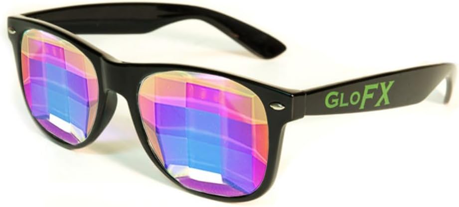 GloFX Kaleidoscope Glasses | Black Frames With Glass Crystal Bug Eye Lens | Great Edm Rave Accessory, Content Creation, and Costumes