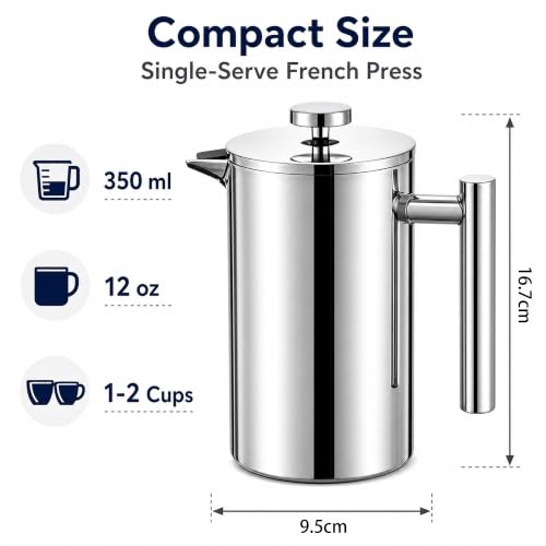 Image of 12 oz / 350 ml Stainless Steel French Press Coffee Maker, Double-Wall Insulated Small Coffee Press with 2 Extra Filters and Coffee Spoon, Single Serve French Press for Home, Office and Camping
