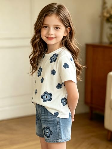 Image of Ayzozuy Kid Girl Clothes Shorts Set 2 Piece Outfits Summer Casual Short Sleeve Top and Shorts Set for Girls 4-7
