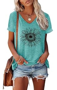 NAIOSS Damen Tshirt Kurzarm Bedruck Oberteile Sommer Tops V-Ausschnitt Shirts Baumwolle Casual tuniktop Bluse(Lakeblau/XL)