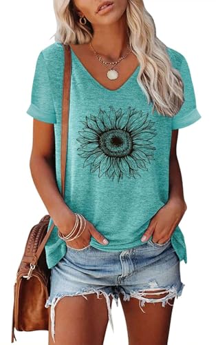 NAIOSS Damen Tshirt Kurzarm Bedruck Oberteile Sommer Tops V-Ausschnitt Shirts Baumwolle Casual tuniktop Bluse(Lakeblau/XL)