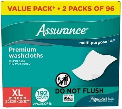 Assurance Premium XL Washcloths for Adults, Disposable & Pre-Moistened Pack 1 (192 Count)
