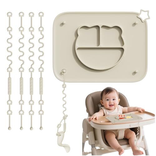 Image of 1 Pack Silicone Mat for Babies, Baby Placemat Built-in Suction Base and Equipped 4 Toy Straps & Anti-Peel Design, Activity Mat for Infants to Toddlers, Keeps Babies Essentials Off The Floor,Beige