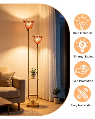 Image of Lightdot 2-Lights Modern Glass Floor Lamp with Table Gold Standing Tall Lamps with Pomegranate Red Glass Shade, LED Floor Lamp with Foot Switch for Living Room Bedroom Home Decor (Bulbs Included)