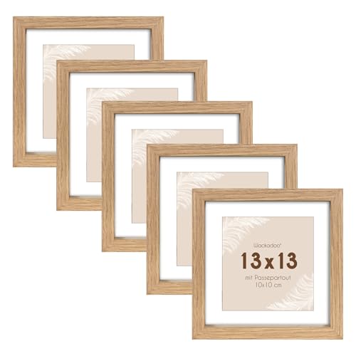 Wackadoo Bilderrahmen 5er Set quadratisch 13x13 cm Eiche Fotowand Fotorahmen mit Glas Picture frame Holz mit Passepartout 10x10 cm