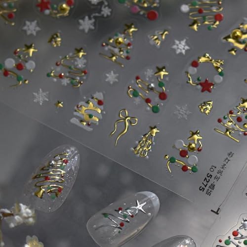 Image of Christmas Tree Nail Stickers Gold Nail Art Stickers Xmas Nail Decals with Pearl Design Snowflake Nails Art Decals 5D Embossed Self Adhesive Nails Charms for Women Girls Manicure Decoration Accessories