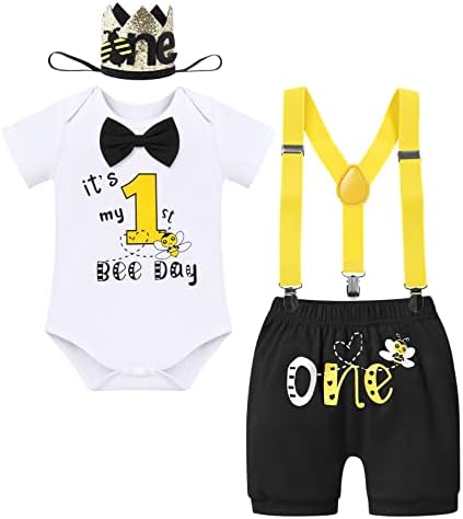 It's My 1st Bee Day Baby Boy Funny First Birthday Clothes Infant Boy Bow Tie Romper Bodysuit Cake Smash Shorts Pants Y-Back Suspenders Photo Shoot Outfits Black-Bowtie It's my 1st bee day 6-12 Months