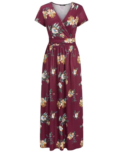 OUGES Women's V-Neck Pattern Pocket Maxi Long Dress(Floral-33, Small)
