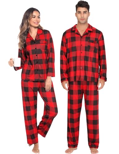 Christmas Family Matching Pajamas Set Couples Button Down Sleepwear Loungewear Long Sleeve Plaid Pjs Lounge Set (Men A- Red and Black Lattice Large)2