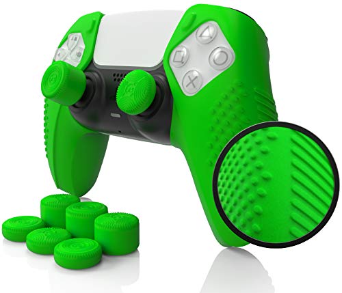 PS5 Controller Skin (DualSense) - Foamy Lizard SensePro | Flat Anti-Slip Studded Silicone Gel Grip, Playstation 5 Dock Compatible, Plus 8 QSP-D Raised Thumb Grips (Green)
