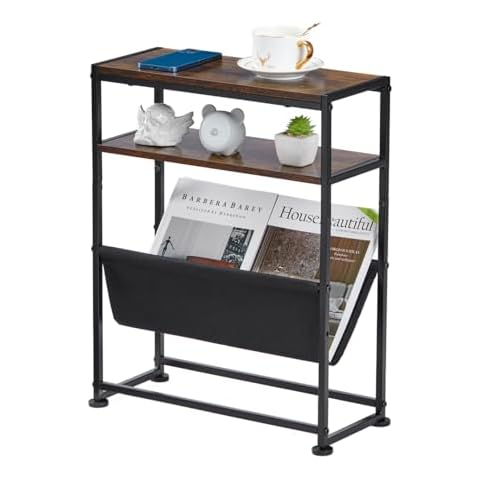 ZEXVIDA Narrow End Table for Small Spaces - Slim Side Table with Magazine Holder,2 in 1 Design Narrow Coffee Table Living Room,Skinny Bedroom Nightstand Thin Side Magazine Table,Rustic Brown Cover