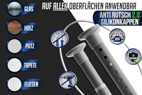 MEISENBERG Duschvorhangstange ohne Bohren 160-210cm, Grau, Ø 32 mm, Teleskop Gardinenstange Klemmen - Vorhangstange für Fenster, Dusche und Trennwand