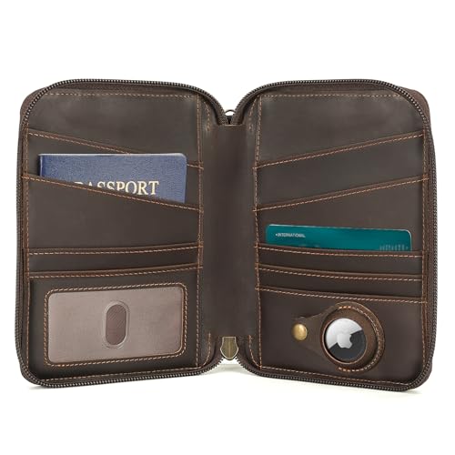 Polare Full Grain Leather Family Passport Wallet for 4 Passports, RFID Blocking Bifold Passport Cover Travel Document Organizer Holder for Women and Men (Dark Brown with AirTag Slot)
