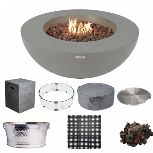 Elementi Lunar Bowl Fire Pit Bundle Outdoor Includes 42&rdquo; Propane Concrete Firepit, Glass Windscreen, Stainless Steel Cover, Tank & Canvas Cover, Floor Mat and Beverage Tub