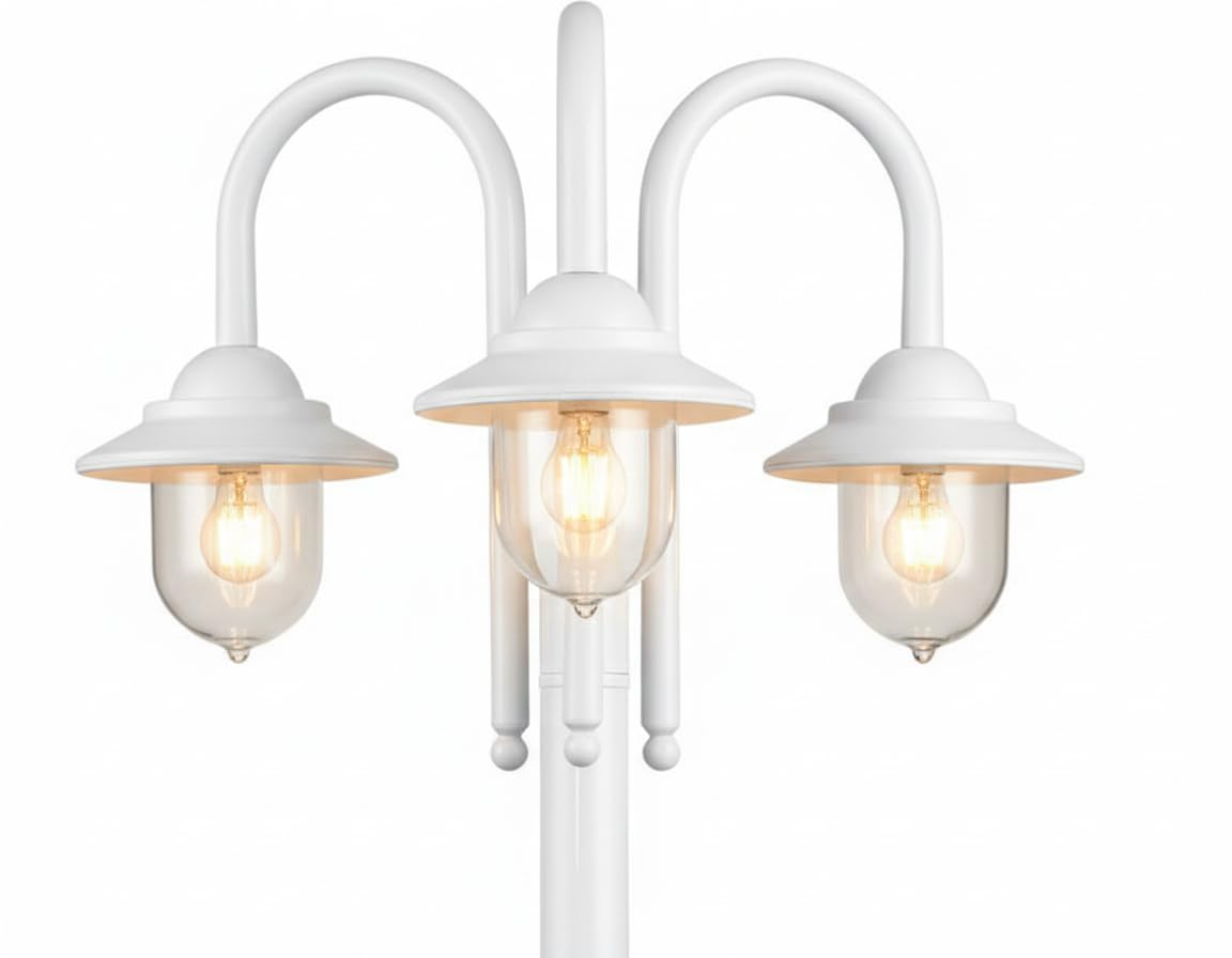 Dopa Lampione da giardino esterno (3 luci E27) con lanterna classica stile moderno, lampioni IP54 elegante palo luce Lampada esterni policarbonato 210 cm max 60W (Bianco)