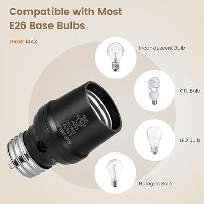 SURAIELEC Light Sensor Socket, Dusk to Dawn Sensor Socket, Adjustable Sensor Orientation, E26 E27 Base Bulb Adapter for Outdoor Lighting Fixtures, Black, UL Listed, 4 Pack