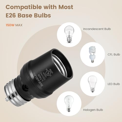 suraielec light sensor socket automatic dusk to dawn light socket with 360 sensor rotation e26 e27 bulb base adapter for outdoor lighting ul listed black 2 pack