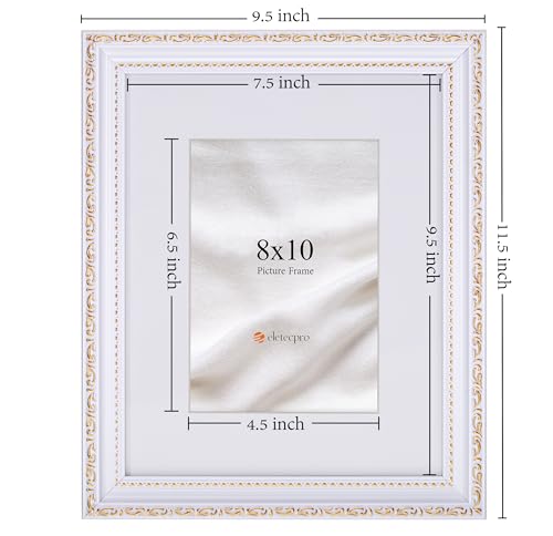 Image of eletecpro 8x10 Vintage Picture Frame, Glass Cover, White, 2-Pack | Display Photo 5x7 with Mat or 8x10 without, Horizontal or Vertical, Tabletop or Wall Decor