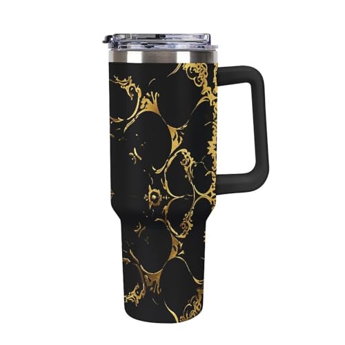 JTKLQBN Große Kapazität Auto Tasse Isoliert Edelstahl Reise Becher Schwarz Und Goldenen Hintergrund Auslaufsichere Vakuum Tumbler 40oz Tumbler Mit Griff Und Stroh Schwarz