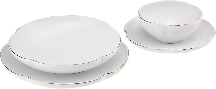 Karaca Flora Modern Plates and Bowls Set - White Dinner Plate Set for 6 People, 24-Piece Dinnerware Sets with Dessert, Side Plates & Pasta Bowls - Gold Detailing