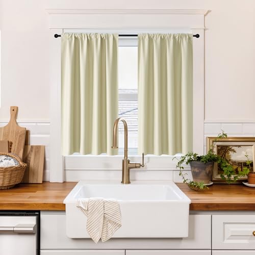 Image of RYB HOME 100% Blackout Short Curtains for Small Window, Thermal Insulated Total Room Darkening Noise Reducing Curtains for Kitchen Bathroom Basement, 42 inches Wide by 36 inches Long, Biscotti Beige