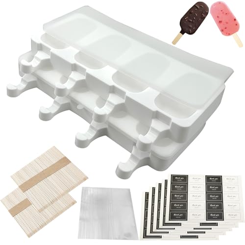 2 pezzi Stampi per Ghiaccioli Stampi per Gelato Silicone stampini per gelati 8 cavità grandi con coperchio, Formine Ghiaccioli Senza BPA，100 bastoncini di legno 100 sacchetti autoadesivi 100 adesivi