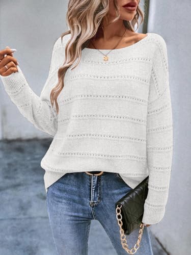 Image of Women's Sweater Soft Boat Neck Long Sleeve Oversized Sweaters Crochet Pullover Knit Tops
