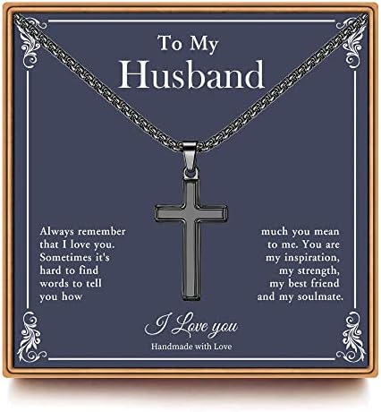 Ieftop Cross Necklace Gifts for Husband, Stainless Steel Black Religious Gifts Cross Necklace for Men Husband Gifts Fathers Valentines Day Gifts for Him Anniversary Birthday Gifts for Husband