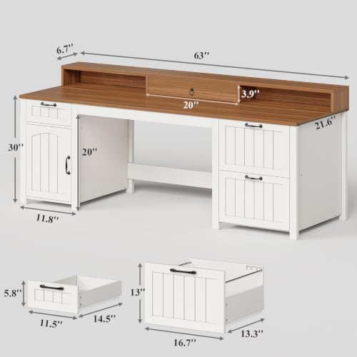 Image of SEDETA Farmhouse 63 inch Executive Desk, Home Office Desk with File Drawer and Monitor Stand, Computer Desk with Drawers and Storage Cabinet, Wood Desk for Work Study Writing, White Brown