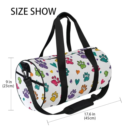 Colorful Paw Print Sports Duffel Bag Barrel Gym Bag with Adjustable Shoulder Strap, Spacious Main Compartment Side Pockets and Full Print Design for Fitness Travel and Sports4