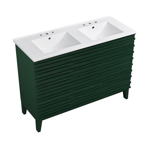 Image of Swiss Madison Cascade 48 inch Freestanding Bathroom Vanity in Green Oak with 3-Hole Widespread Double Basin Sink Top