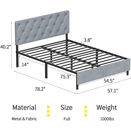 Shahoo Classic Platform Bed Frame With Headboard And Footboard, Steel Support Slats, No Box Spring Needed, Large Storage Space At The Bottom, Easy Assembly, Fabric, Gray, Full #TOP1