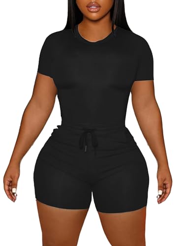 LovelyWholesale Women's Summer 2 Piece Outfits Skinny Shorts Tracksuit Sets