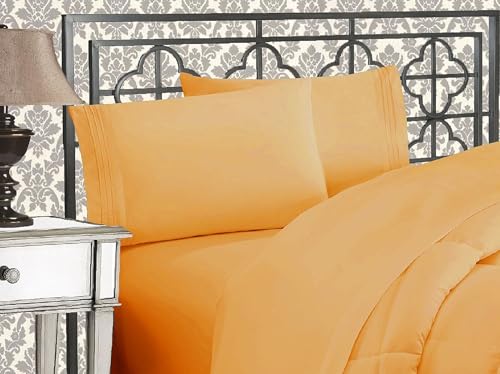 Elegant Comfort Luxurious 1500 Premium Hotel Quality Microfiber Three Line Embroidered Softest 4-Piece Bed Sheet Set, Wrinkle and Fade Resistant, Full, Camel-Gold